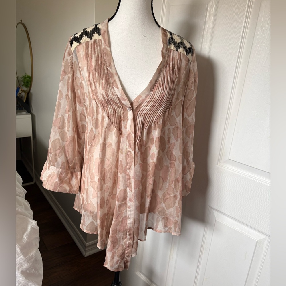 Elizabeth and James 100% Silk Beaded Blush Pink Sheer Boho Blouse XS